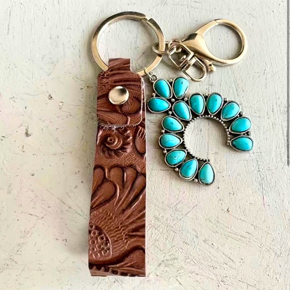 Turquoise Horseshoe with Leather Embossed Keychain